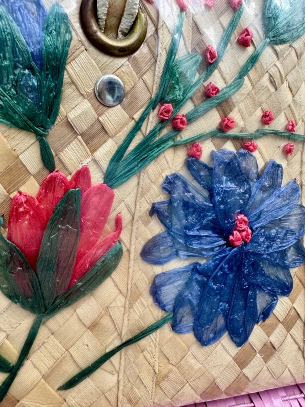Vintage 50s/60s Woven Straw Floral Trinidad & Tobago Large Tote Travel Bag - Picture 4 of 16